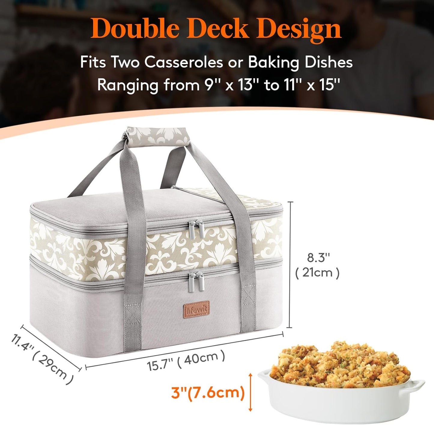 Lifewit Double Decker Casserole Carrier for Hot or Cold Food, Insulated Casserole Baking Dish Bag Food Carrier, Lasagna Holder for Potluck/Parties/Picnic/Cookouts, Fits 9"x13" Baking Dish, Grey