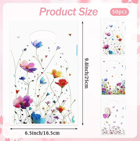 Wildflower Gift Bags, 50 Pcs Wildflower Party Favor Bags with Handles, Plastic Floral Goodie Candy Cookie Treat Bag for Wildflower Baby Shower Decorations Birthday Spring Party Favors Supplies