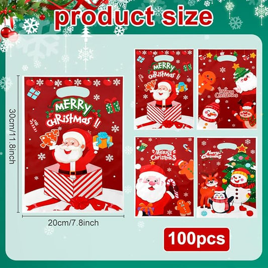 Christmas Gift Bags with Handles, 100Pcs Small Christmas Treat Bags Bulk Plastic Goodie Bag for kids, Snowman Santa Claus Candy Cookie Snacks Party Favor Bag for Xmas Holiday Party Decoration Supplies