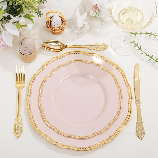 Hioasis 60pcs Pink Plastic Plates - Pink and Gold Disposable Dinnerware with Gold Rim, Heavy-duty, 10.25 inch, Dinner Plates for Party & Easter