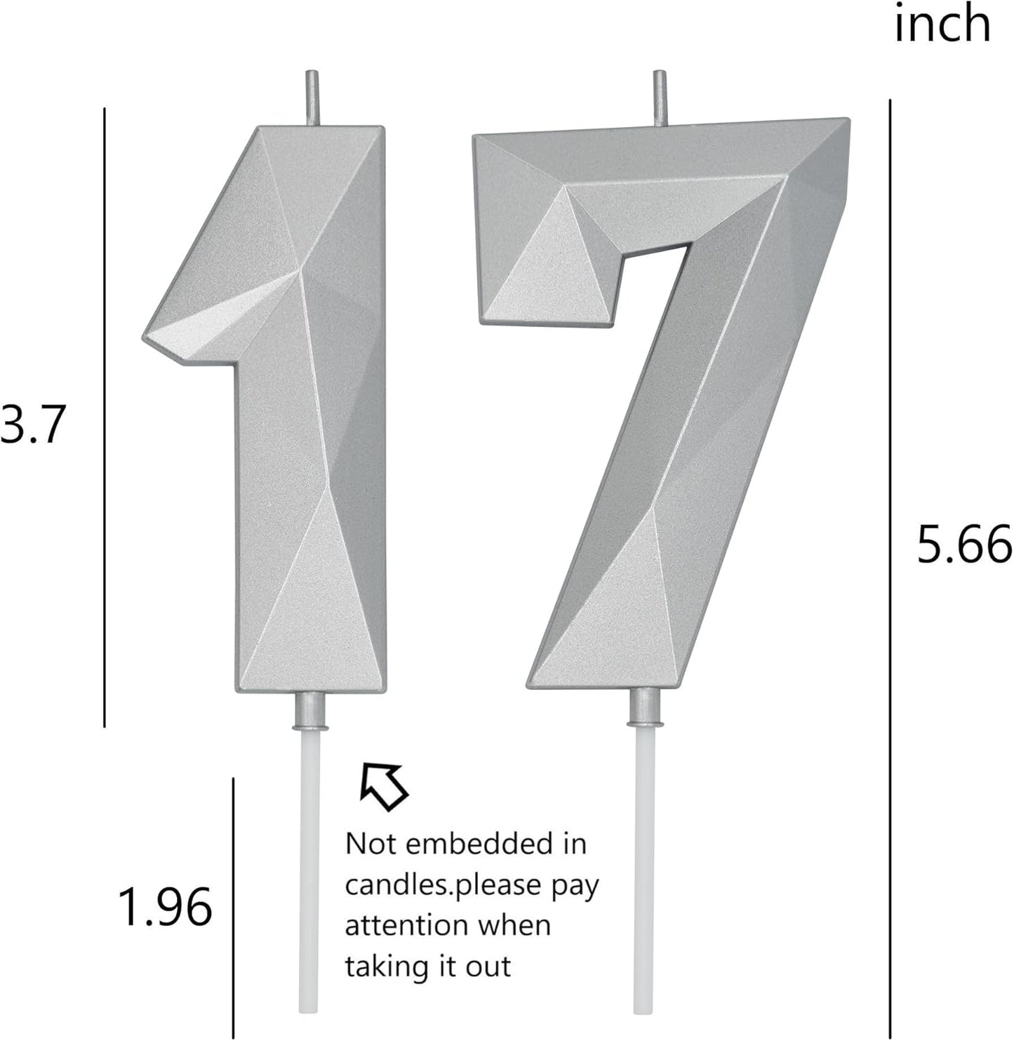 DERVENTA Birthday Candle Big Number 3D Silver 3.7 inch Party Celebration Anniversary Decoration Cake Topper 1 Piece (Number 17 Silver)