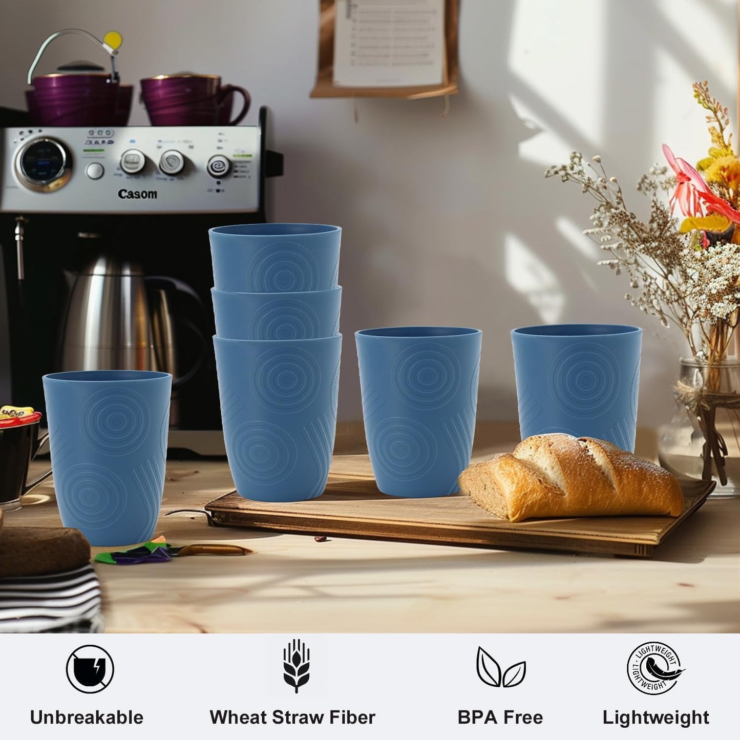 Premium Wheat Straw Cups Drinking Glasses Set of 6 Alternative to Plastic Cups Reusable Unbreakable Water Tumblers 12 OZ Microwave and Dishwasher Safe Cup for Kitchen - Blue