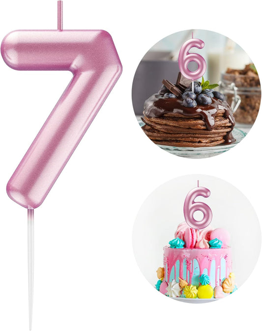 Pink Number 7 Candle Happy Birthday 3D Number Candles for Birthday Cake Party Decoration Wedding Anniversary Celebration Supplies