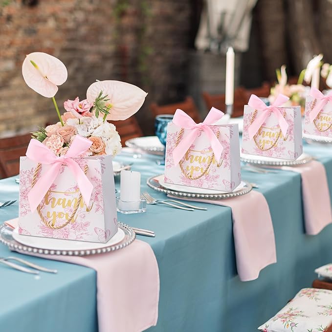 Kolldenn 40 Pcs Small Thank You Floral Gift Bags 5.5''x 2.4''x 4.7'' Pink White Paper Party Favor Bag with Handle Chinoiserie Floral Bag Bulk with Ribbon for Wedding Birthday Bridal Baby Shower