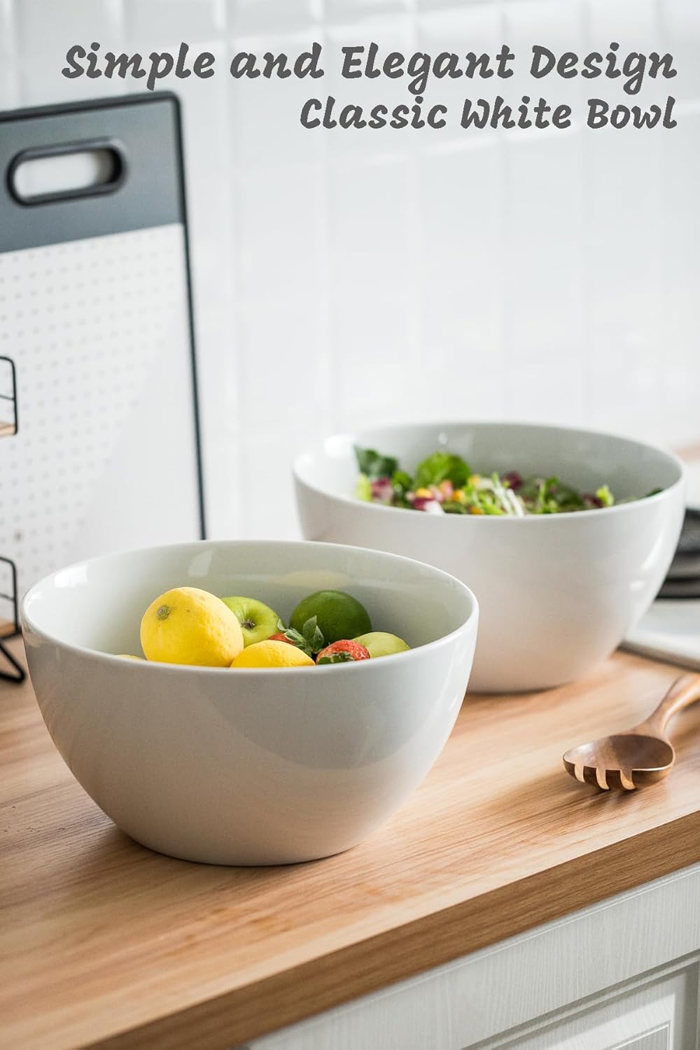 LAUCHUH Salad Serving Bowls, 5 Quarts Porcelain White Serving Bowl Extra Large Mixing Bowl with Spoon Set for Salad, Preparing, Pasta, Popcorn, Chips, Fruit, Vegetables, Thanksgiving, Christmas, 3 Pcs