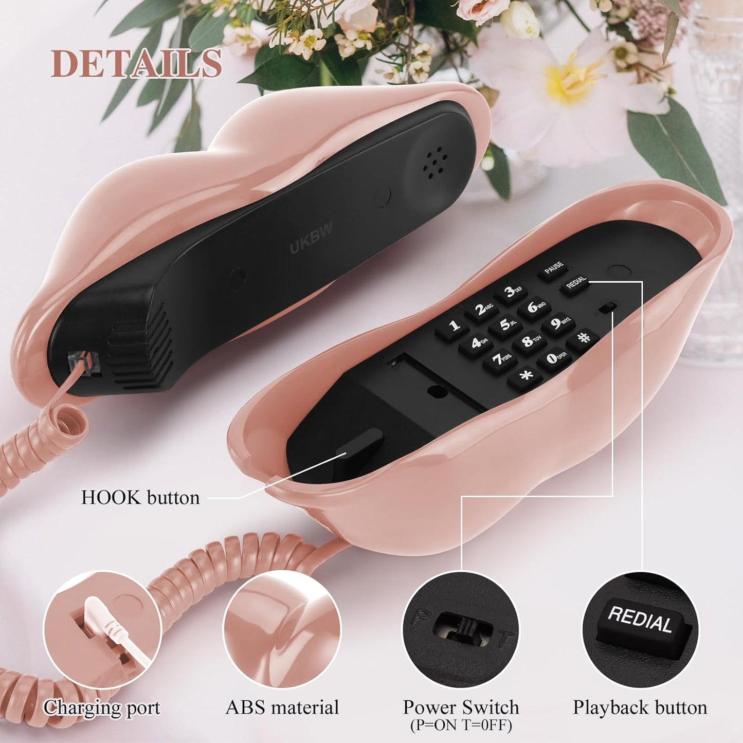 UKBW Audio Guest Book Wedding Phone, 32G Record Customized Audio Message,Interesting Mouth Lip-Shaped Audio Guestbook for Birthdays Parties Confessions Special Occasions (Pink)