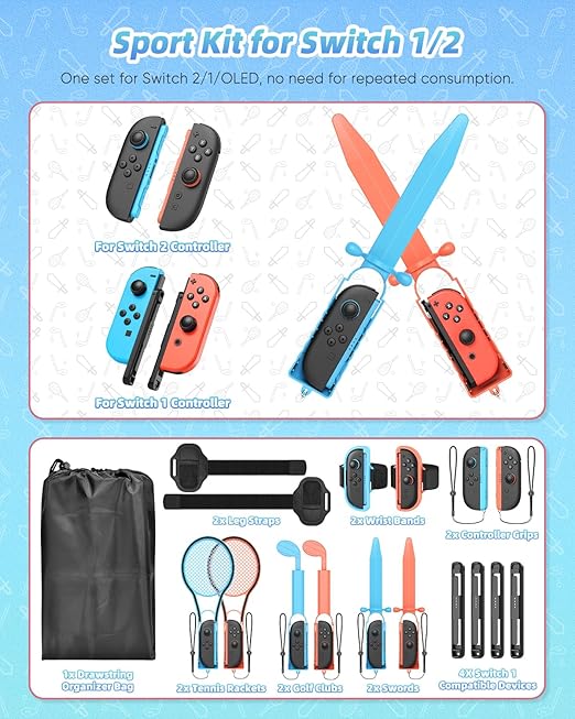 [𝗦𝘄𝗶𝘁𝗰𝗵 𝟮/𝟭 𝗖𝗼𝗺𝗽𝗮𝘁𝗶𝗯𝗹𝗲] - Switch Sports Accessories Bundle for Nintendo Switch 2 (2025)/ Switch 1/ OLED, MENEEA 13-in-1 Family Party Kit with Carrying Bag - Compatible with Joy-con 2 & All Switch Sports Game
