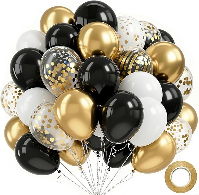 Black and Gold Balloons, 60PCS 12 Inch Confetti Gold and Black Balloons for Birthday, Wedding, Graduation, Baby Shower, Engagement Party Decorations
