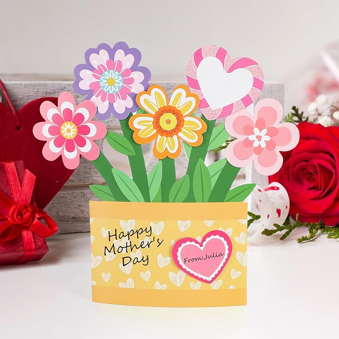 Yewfold 24Pcs Mother's Day Flower Pot Craft Kit, Mothers Day DIY Flower Pot Craft Make Your Own 3D Handmade Greeting Card Standing Floral Decor for Home Party Activities