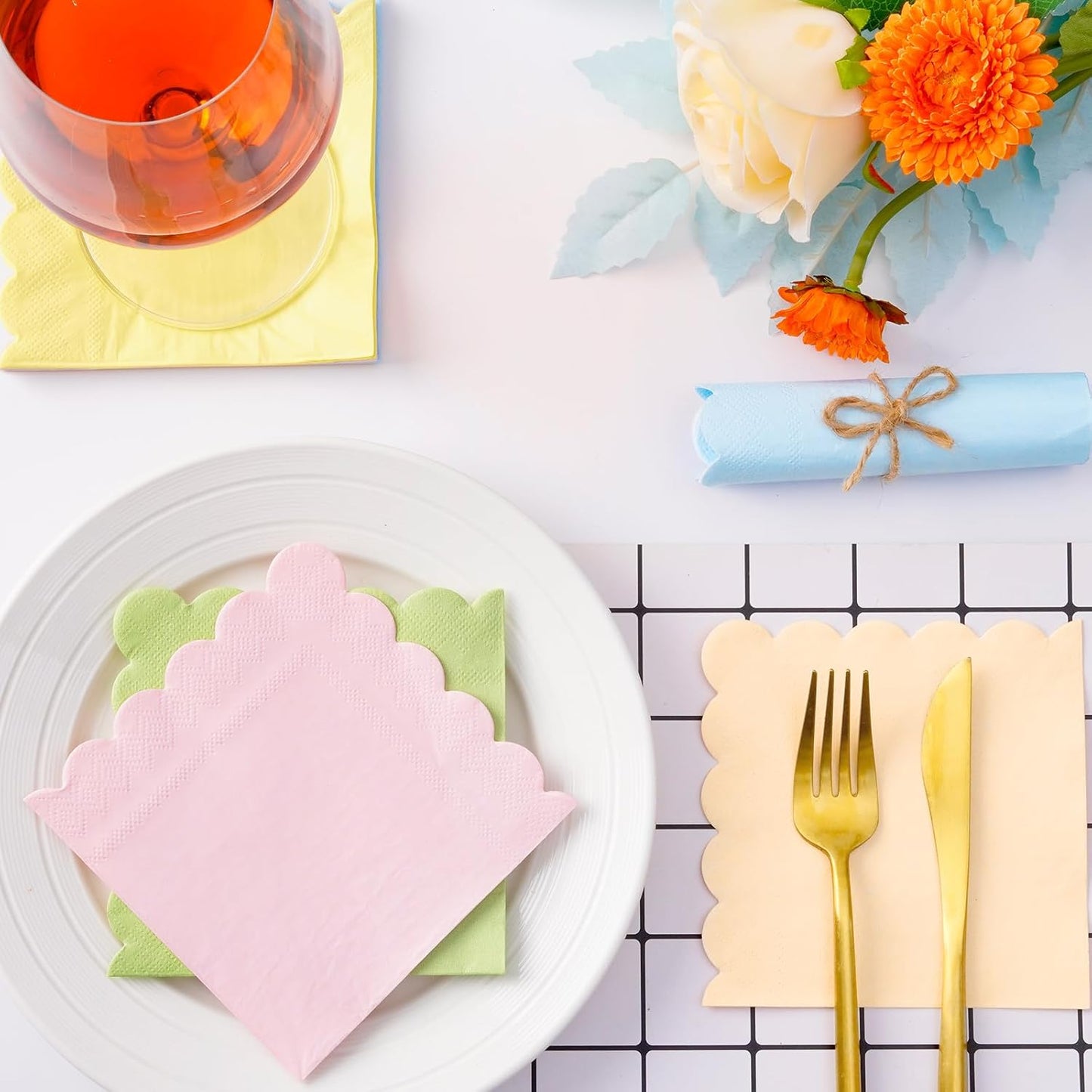 100 Pastel Rainbow Scalloped Cocktail Napkins, 3 Ply 5 x 5 Inch Beverage Napkins Paper Napkins Disposable Luncheon Napkins for Wedding Birthday Party Bridal Anniversary Baby Shower