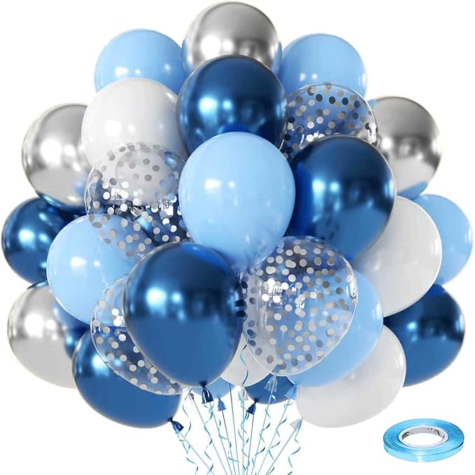 Zesliwy Blue White Silver Balloons Set,50Pcs 12 Inch Metallic Dark Blue Sliver Balloon Royal Light Blue white with Silver Confetti Balloons for Birthday Graduation Wedding Retirement Party Decoration