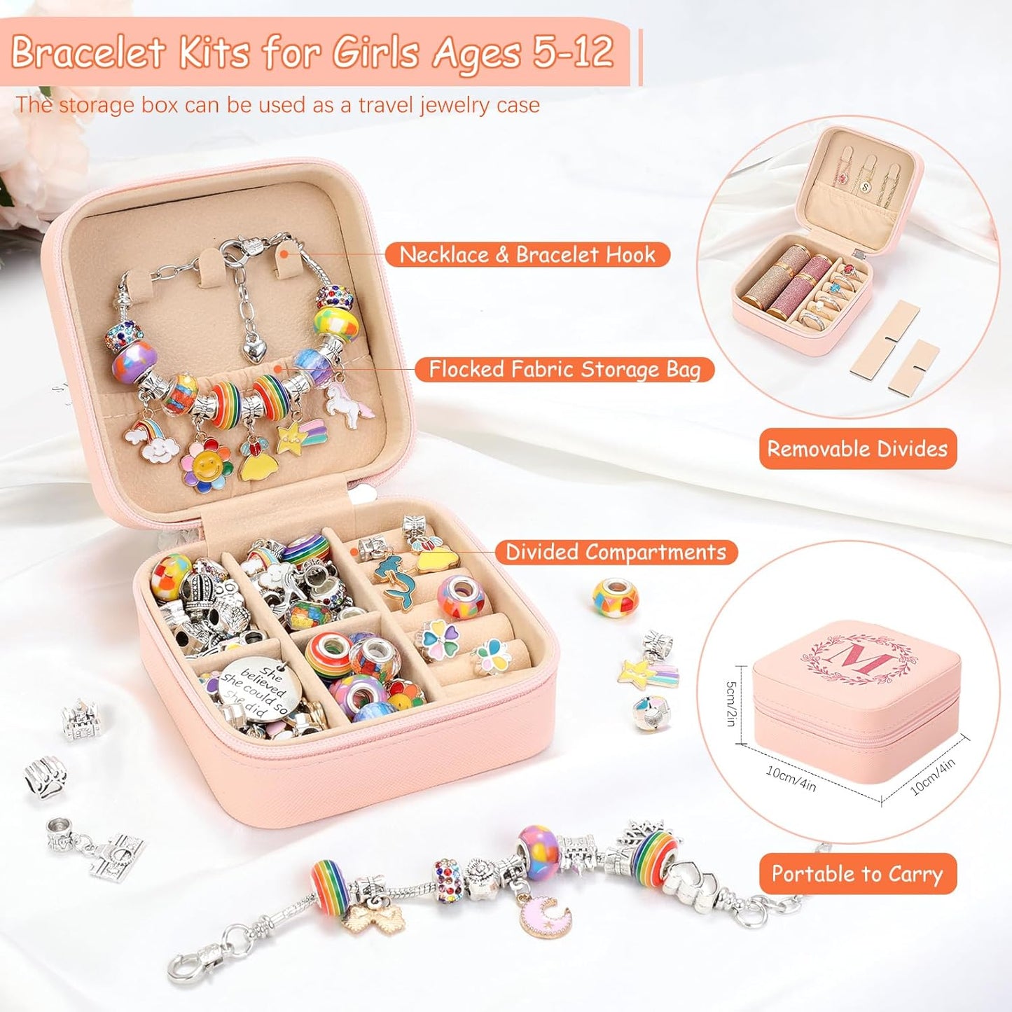 Charm Bracelet Making Kit for Girls 4-6, Kids Jewelry Making Kit 5-7 6-8 66Pcs Jewelry Kits for Teen Girls Ages 8-12 Jewelry Maker Craft Birthday Christmas Gifts with Initial Jewelry Organizer Box -J