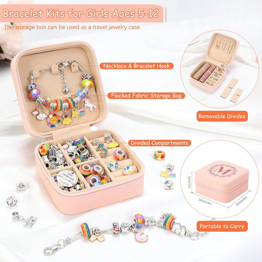 Charm Bracelet Making Kit for Girls 3-12, Kids Jewelry Making Kit 66Pcs Jewelry Kits for Girls Ages 8-12 Jewelry Maker Craft Necklace Birthday Christmas Gifts with Initial Jewelry Organizer Box - C