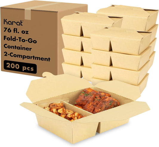Karat Paper To Go Food Container [76 oz - 200 ct], 2-Compartment Leak-Resistant, Microwavable, Heavy-Duty Take Out Boxes | Grease Resistant & Stackable | #3 Kraft