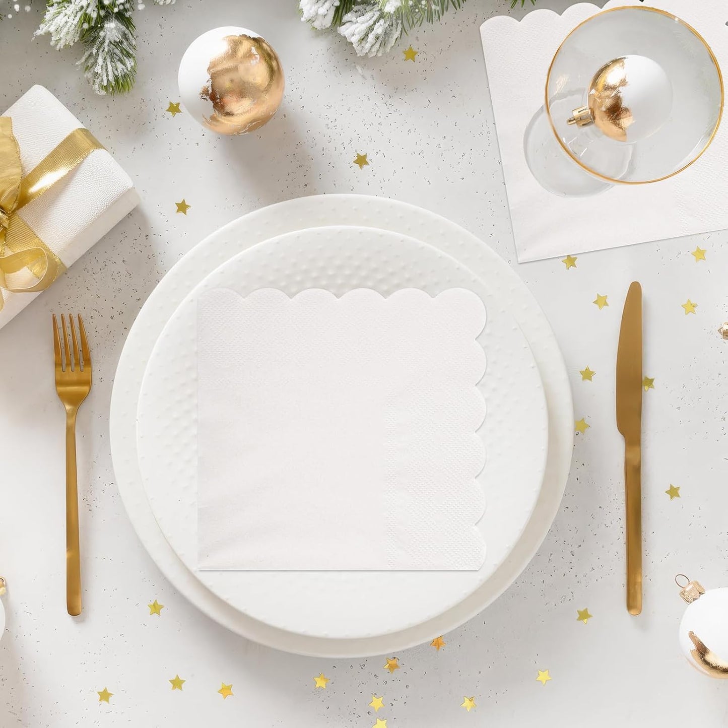 100 Pcs Cocktail Napkins, 2-Ply 5 x 5 Inches Disposable Scalloped Napkins, Thick Premium Dessert Napkins for Party, Wedding, Dinner, Birthday, Anniversary, Festival (White)