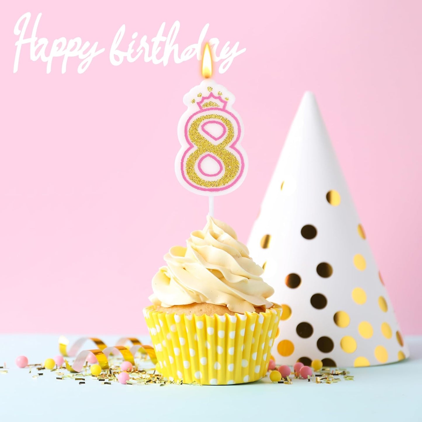 Birthday Number Candles, Number 8 Pink Giltter Candles for Cake, Candle Cake Topper with Sequins for Anniversary Celebrations Supplies (Number 8)