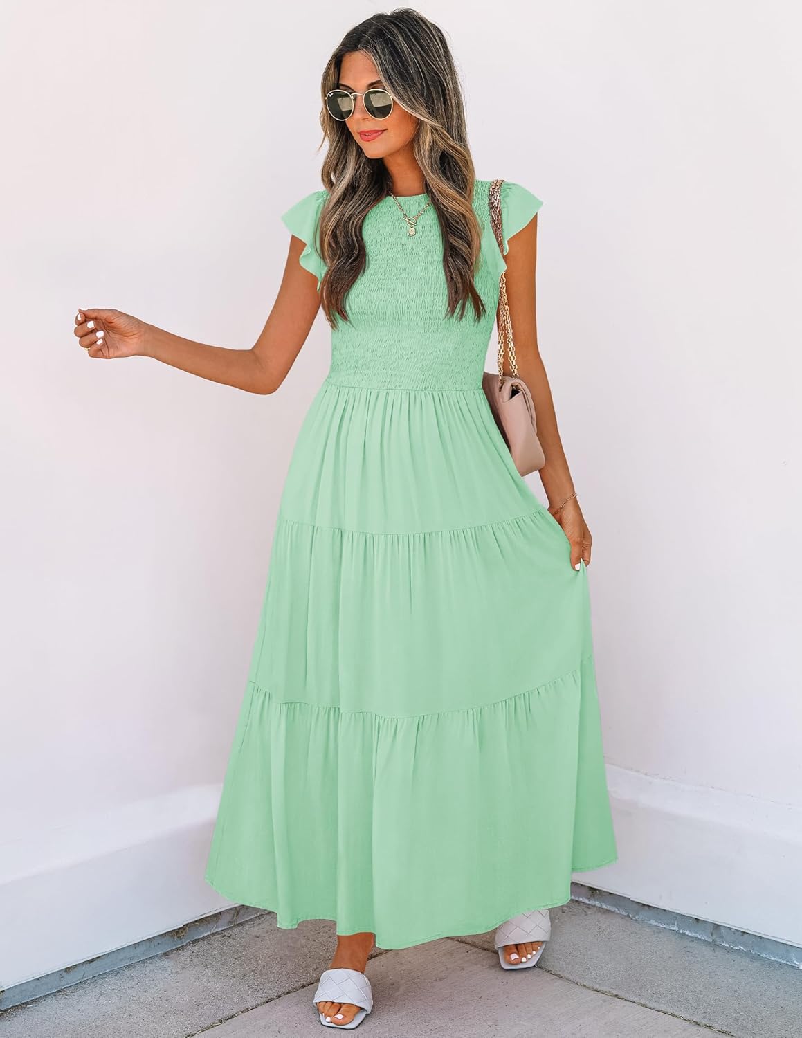 ZESICA Women's 2025 Summer Casual Flutter Short Sleeve Crew Neck Smocked Elastic Waist Tiered Midi Dress