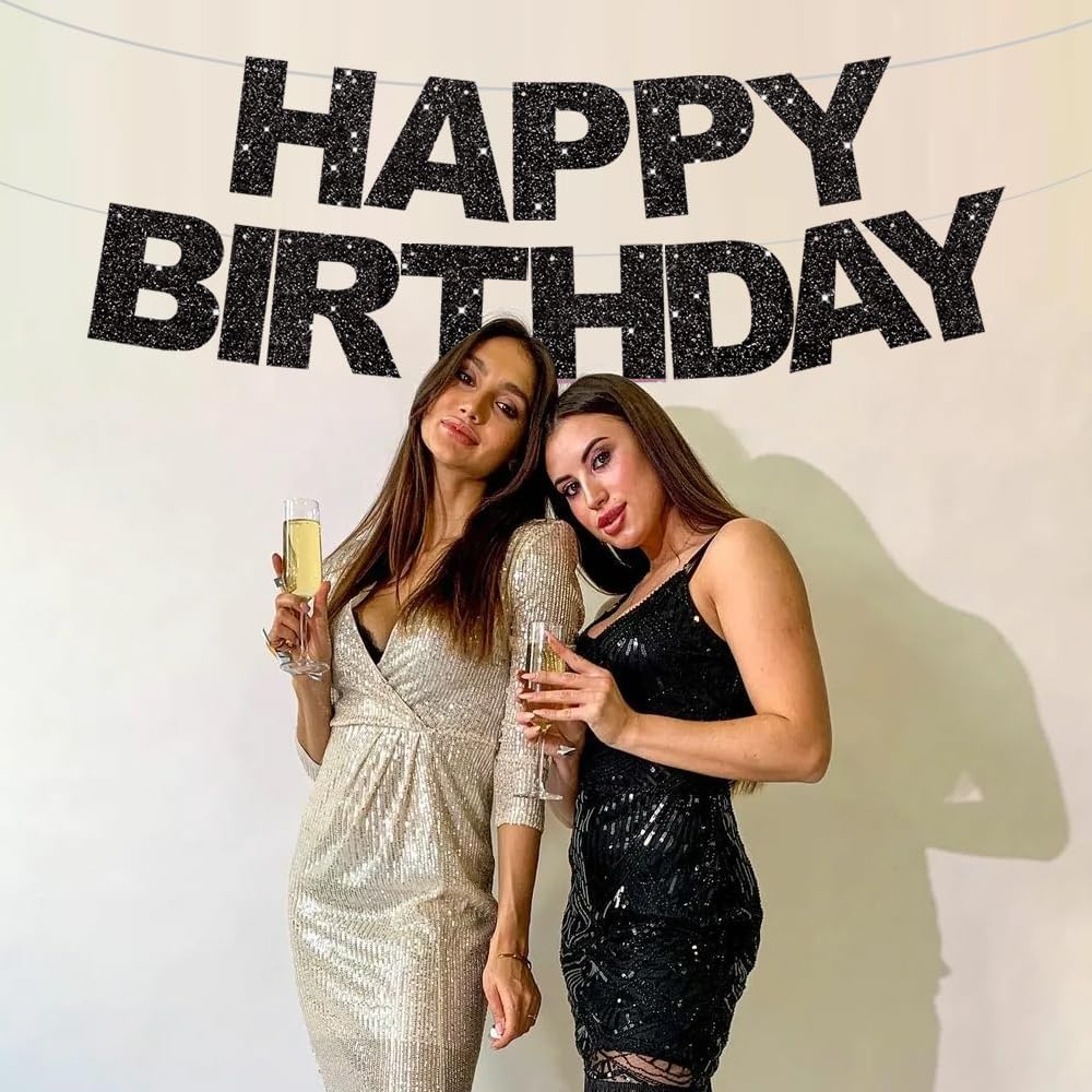 BEISHIDA Black Happy Birthday Banner - Pre-Strung,No DIY,Happy Birthday Decorations - Birthday Sign - Birthday Banner for Women, Kids Decor&Backdrop
