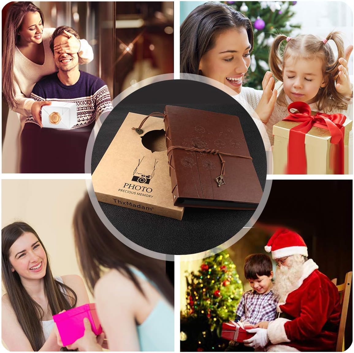 ThxMadam Scrapbook Photo Album Vintage Leather DIY Memories Book Wedding Guest Book with 60 Black Pages Present for Christmas Valentines Anniversary Mother’s Day Birthday Gift for Mum Dad Friend