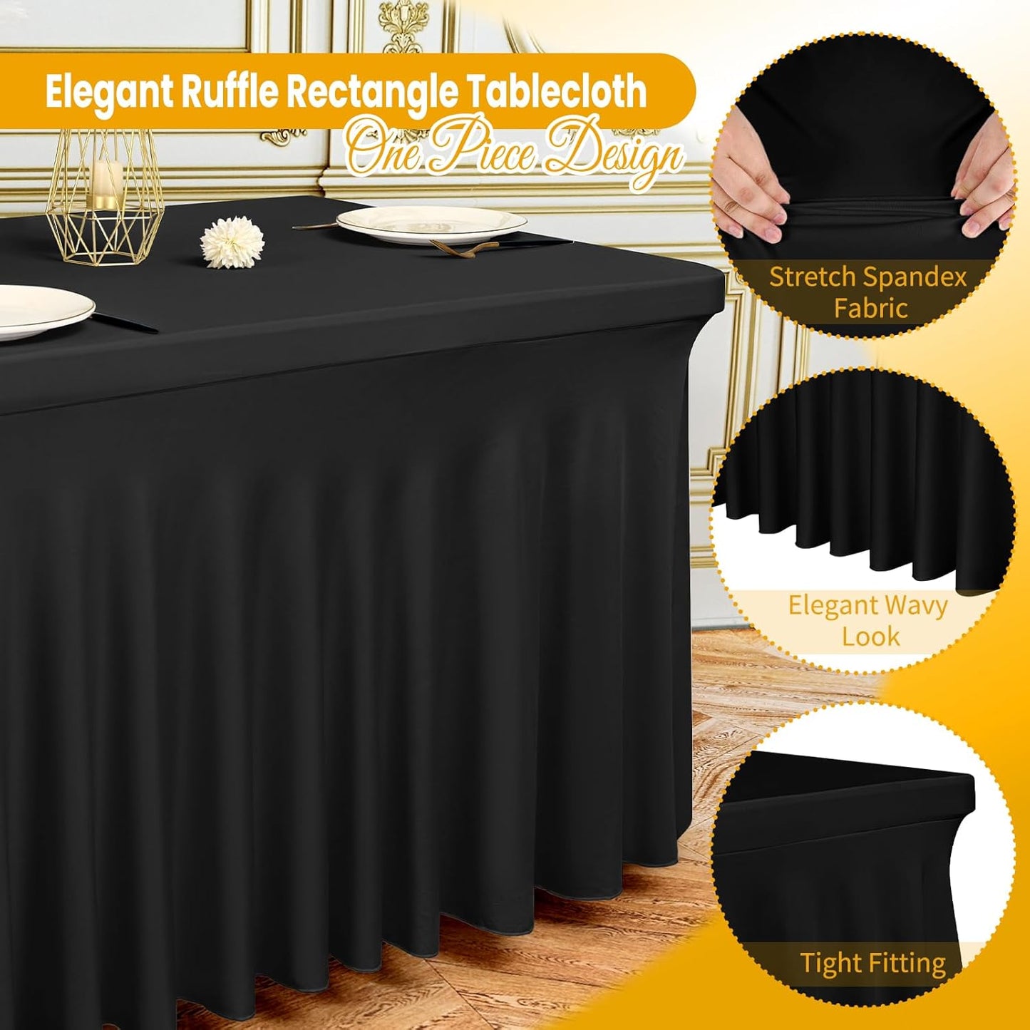 6 Pack 6Ft Spandex Table Skirts Fitted Black Stretch Tablecloth, One-Piece Wrinkle-Resistant Ruffles Design Table Cover and Skirt for Wedding Party Banquet Event Trade Show