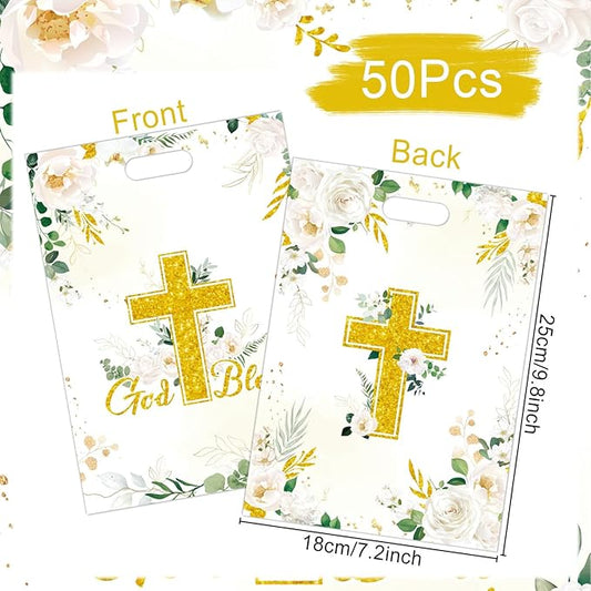 Falueqg Baptism Party Favor Bags - Bulk First Communion Favors for Guests Reusable Treat Bag, Baptism Party Goodie Suprise Pinata Bags for Candy Cookies Popcorn (50 Pcs)