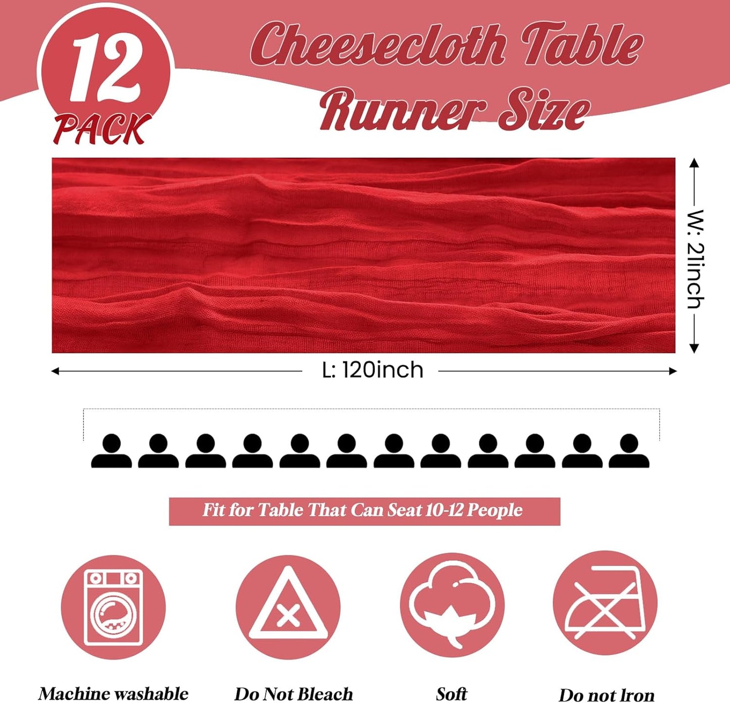 12 Pack Red Table Runner 10FT Cheesecloth Table Runner 21 x 120 inch Boho Gauze Cheese Cloth Table Runner Rustic Sheer Table Runner for Party Wedding Bridal Baby Shower Birthday Table Decor