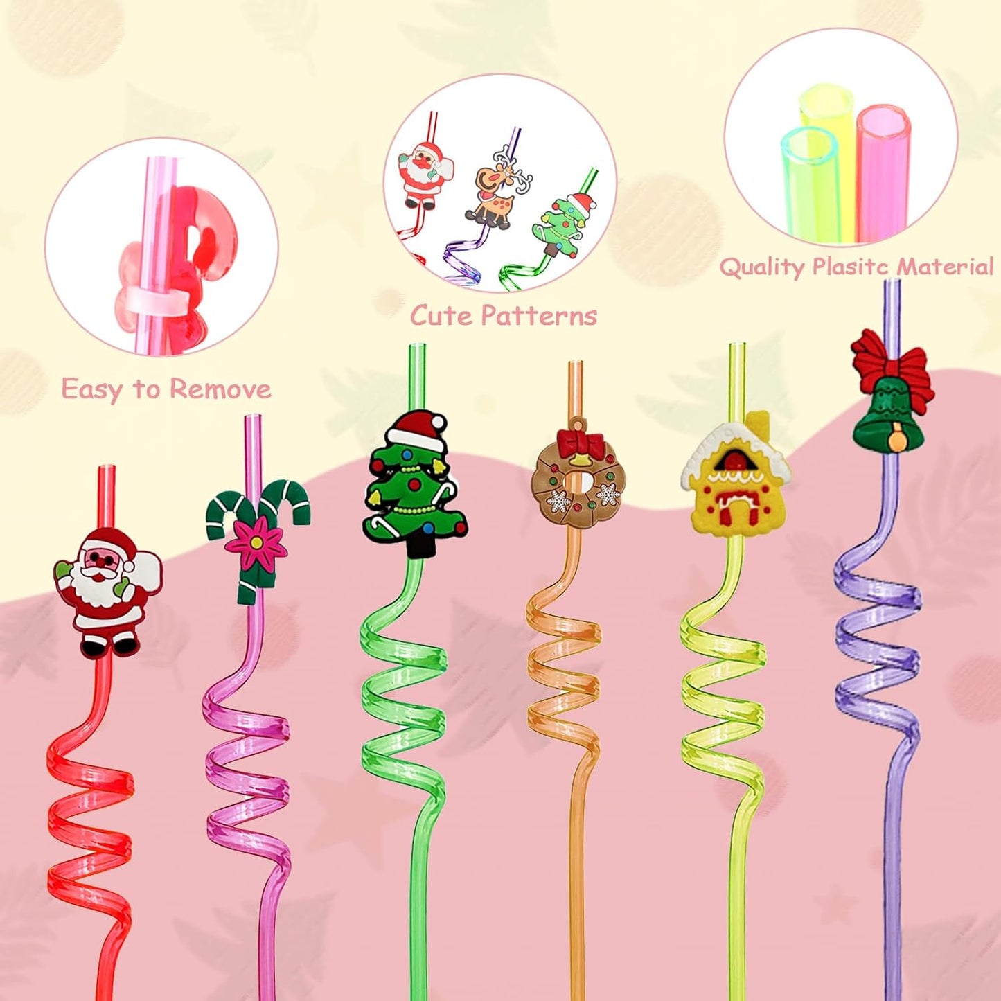 30 Pcs Christmas Drinking Straws Reusable with Cartoon Decorations, Xmas Theme Party Plastic Straw, Santa Claus Snowman Christmas Tree Straws for Kids Adults Christmas Party Supplies, 15 Styles