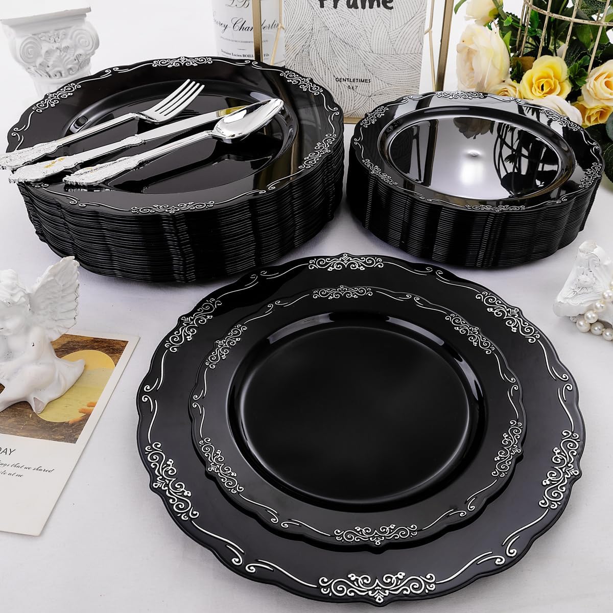 DaYammi 150 Pcs Black Silver Plastic Plates & Silver Plastic Silverware,Black silver Disposable plates for Include 30 Dinner Plate,30 Dessert Plate,30 Knives,30 Forks,30 Spoons for New Year Party