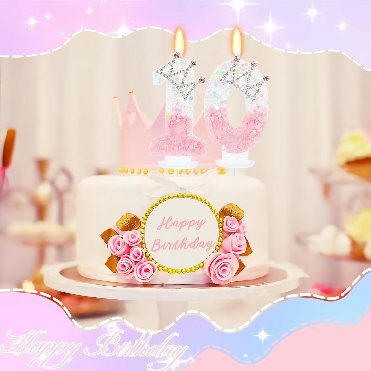 Pink White Number 10 Candle, Glitter Crown Cake Topper, Princess Birthday Party Decorations for Girls and Women Anniversary Celebrations Party Favors