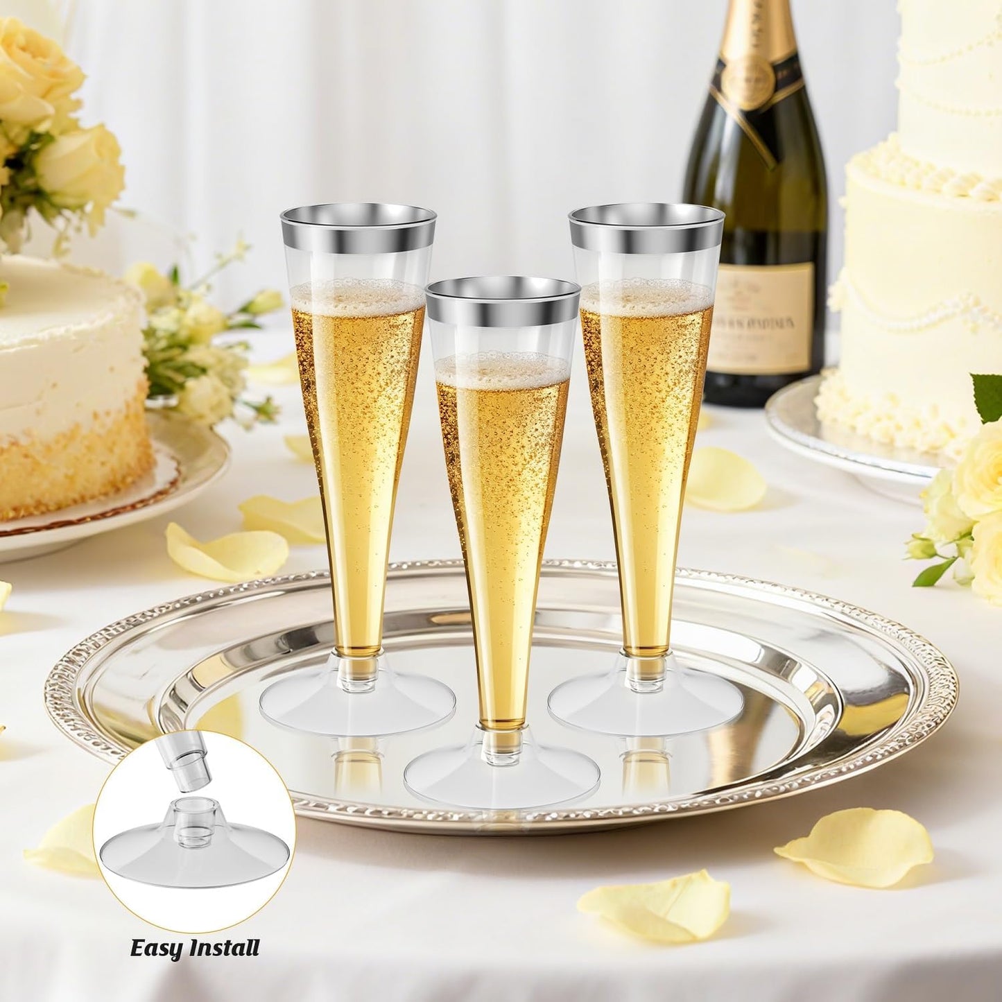 100 Pack Silver Rim Champagne Flutes Plastic Wine Glasses Disposable, 4.5 Oz Clear Silver Rim Mimosa Glasses for 2025 Engagement Wedding Birthday New Years Eve Xmas Party Supplies, Bulk Cocktail Cups