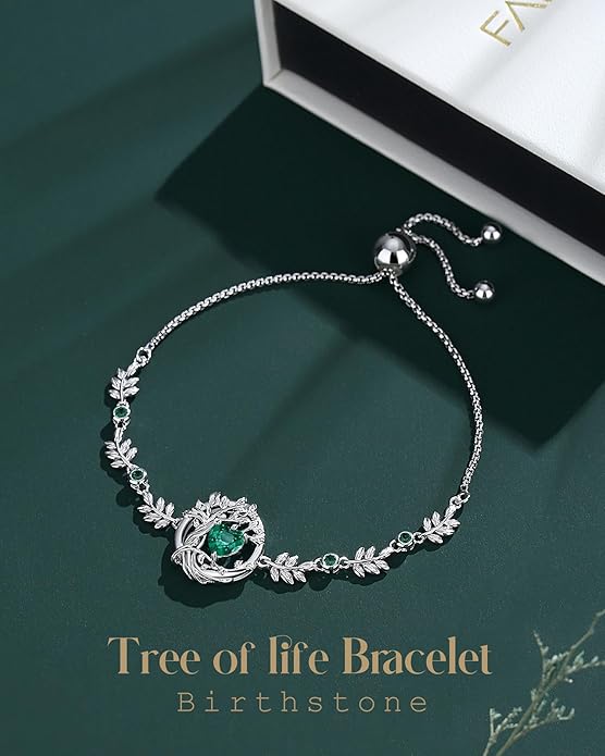 FANCIME Valentines Day Gift Tree of life Birthstone Bracelet for Women Sterling Silver Tree Jewelry Birthstone Charm Bracelet Gemstone Anniversary Birthday Gifts for Wife Mom Her