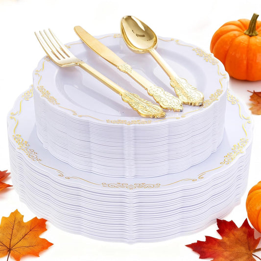 DaYammi 150Pcs White Gold Plastic Plates & Plastic Silverware, Gold Disposable Plates for Party Include 30 Dinner Plate, 30 Dessert Plate, 30 Knives, 30 Forks, 30 Spoons for Thanksgiving Party Holiday