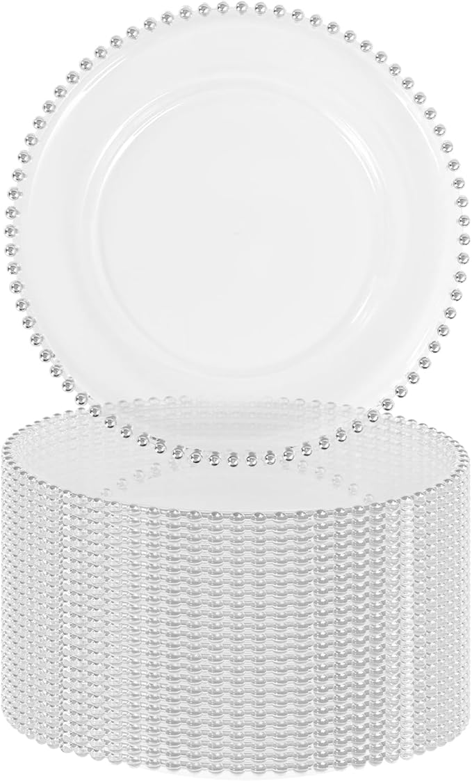 24 PCS Clear Round Charger Plates with Beaded Rim, 13 Inch Plastic Acrylic Plate, Plastic Round Beaded Dinner Decorative Service Plates for Wedding Party Event, Home Kitchen Tabletop(Sliver)