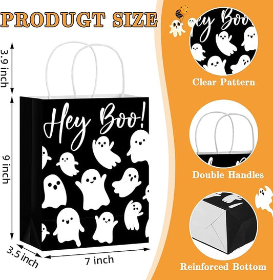 24 Pcs Halloween Hey Boo Ghost Paper Gift Bags with Handles Medium White Ghost Party Favor Bags for Halloween Home Table Party Supplies
