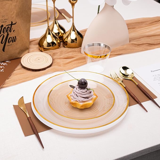 N9R 60 PCS Mocha Mousse Plastic Plates with Gold Rim, Elegant Disposable Plates, Circular Ribbed Design, 30 Dinner & 30 Dessert Plate for Parties, Weddings, Banquets and Events