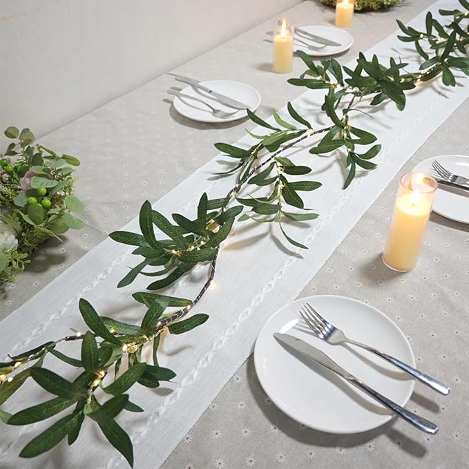 6.56FT Lighted Olive Garland with Lights 96 LED 8 Modes Battery Operated with Timer Artificial Greenery Vine Garland with Lights for Mantel Fireplace Table Wall Patio Wedding Holiday Spring Decoration