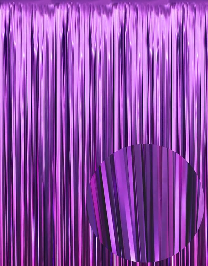GOER 3.2 ft x 9.8 ft Metallic Tinsel Foil Fringe Curtains Party Photo Backdrop Party Streamers for Birthday,Graduation,New Year Eve Decorations Wedding Decor (4 Pcs,Matte Purple,Thick Material)