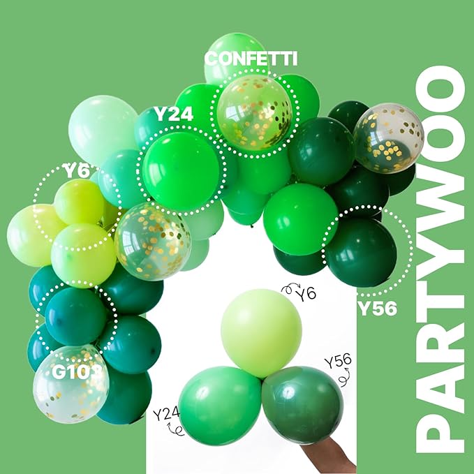 PartyWoo Green Balloons 65pcs 12 Inch Light Lime Dark Emerald Hunter Forest Metallic Green Gold Confetti Balloons for Baby Shower Wedding Engagement Jungle Woodland Birthday Party Decorations