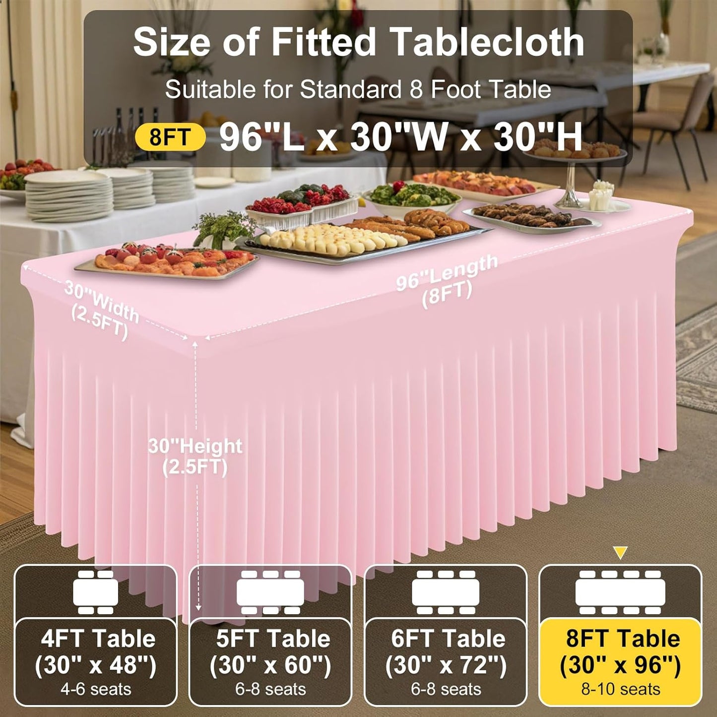 Smiry Spandex Tablecloth 2 Pack, Elastic Fitted Stretch Tablecloth for 8FT Rectangle Tables, Waterproof Washable Table Cover Skirt for Wedding, Banquet & Parties (Pink, 96Lx30Wx30H Inch)