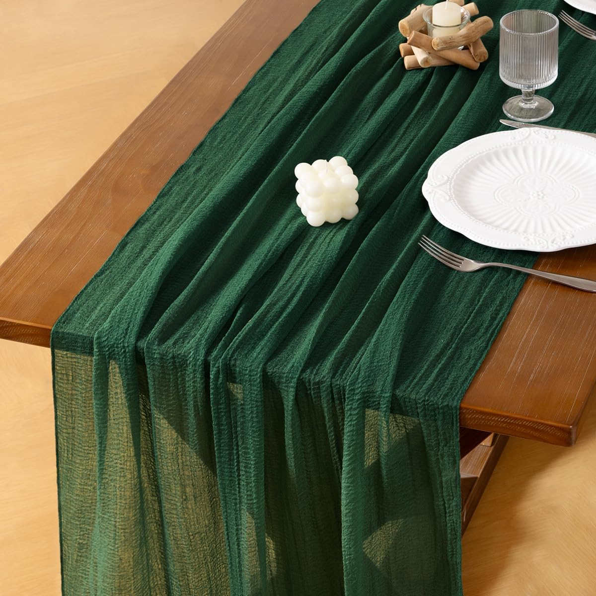Socomi Emerald Green Fall Thanksgiving Cheesecloth Table Runner Gauze 120 Inch Rustic Boho Cheese Cloth Runner for Wedding Party Baby Bridal Shower Centerpiece Decoration Holiday Home Decorations