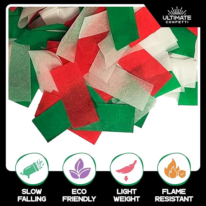 Ultimate Confetti - Red, White & Green Biodegradable Confetti - Rectangular Flame-Resistant and Slow-Falling Tissue Paper Confetti for Cannon and Launcher use – Best for Celebrations - 1 lb, 16 oz