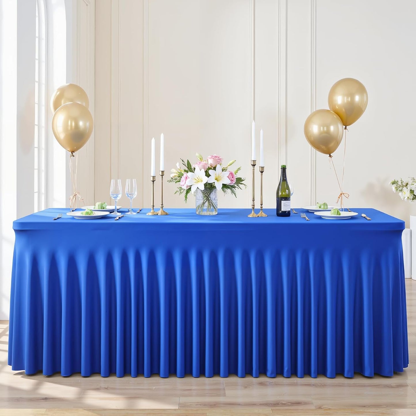 Suppromo 8ft Royal Blue Spandex Table Cloths for Rectangle Tables Wrinkle Free Rectangle Tablecloths, Stretch Fitted Table Cover with Skirt for Birthday Party Wedding Banquet Baby Shower Buffet Event