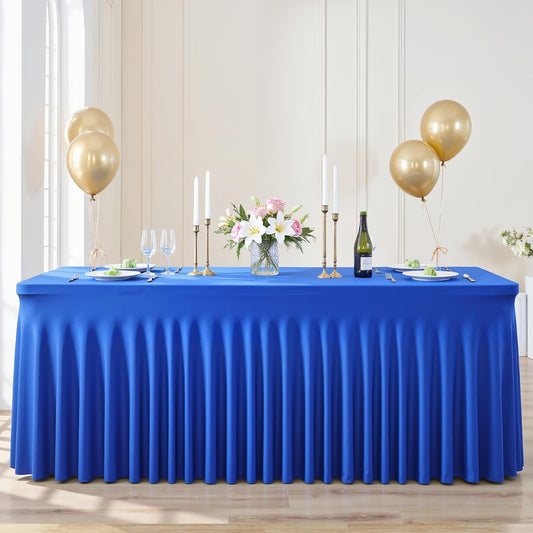 Suppromo 8ft Royal Blue Spandex Table Cloths for Rectangle Tables Wrinkle Free Rectangle Tablecloths, Stretch Fitted Table Cover with Skirt for Birthday Party Wedding Banquet Baby Shower Buffet Event