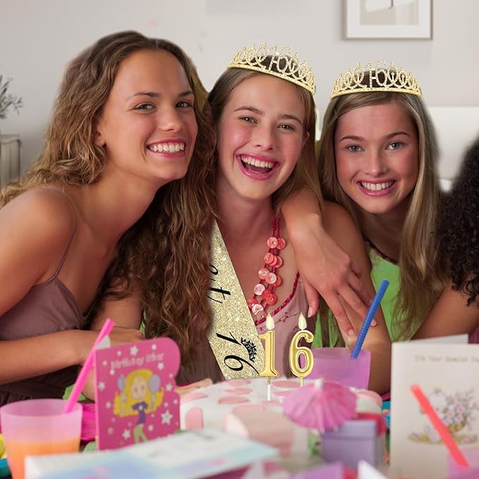 Sweet 16 Party Decorations for Girls with Sweet 16 Sash Gold, Rhinestone 16th Birthday Tiara, 16 Candles Gold, 16th Birthday Gifts for Girls