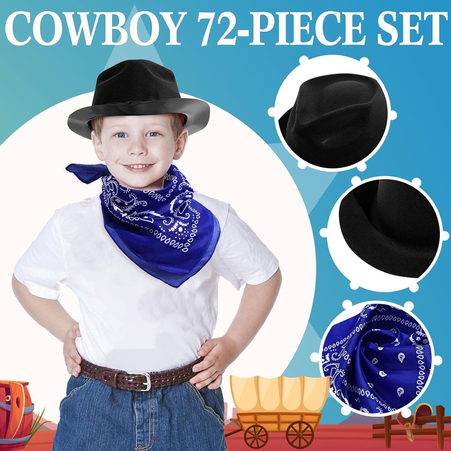Hillban 72 Pcs Western Cowboy Hat and Paisley Bandana Set for Kids Felt Cowboy Party Hats for Costume Party Favors(Black, Brown)