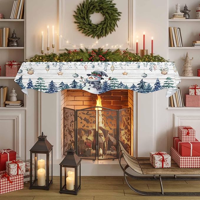 Blue Snowman Christmas Fireplace Mantel Scarf Table Runner, Xmas Snowflake Eucalyptus Leaves Wooden Winter Garland Mantel Top Tablerunners Dresser Scarves Cover for Windows Party Living Room 60''x17''