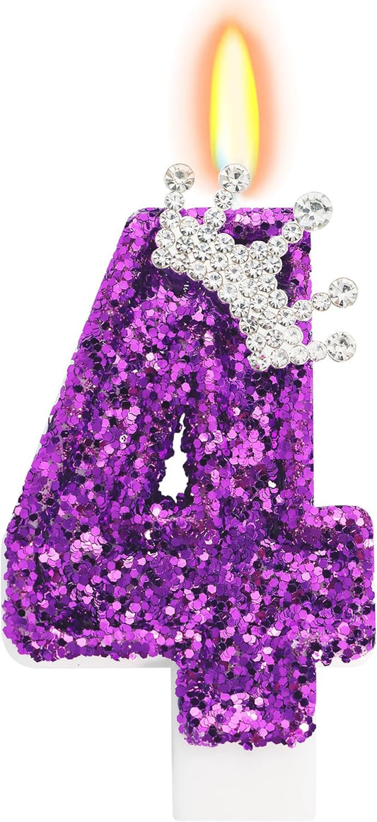 Birthday Candle for Cake, Crown Purple Number Candles, 2.76 inch Cake Topper Decoration for Birthday Party (Number 4)