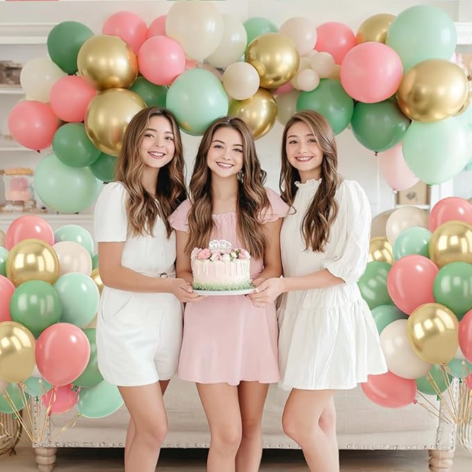 Zesliwy Sage Green Pink Gold Balloons,50Pcs 12Inch Dusty Mint Green Sand White Metallic Gold Balloon Retro Light Blush Pink Balloon for Birthday Jungle Safari Bridal Shower Wedding Party Decoration
