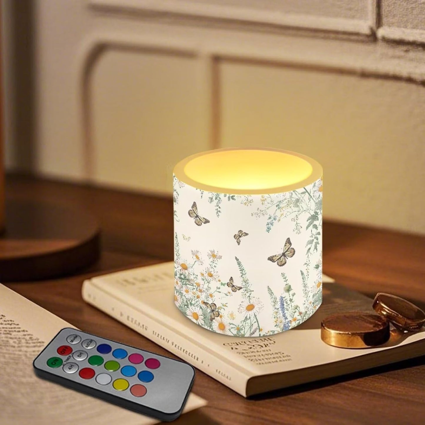 Poceacles Remote Control LED Candles Set of 4 Battery Powered Flameless Candles with Multi-Color Lighting Options, Timer Function, for Indoor Outdoor Decor, Butterfly Daisy Floral Cream White