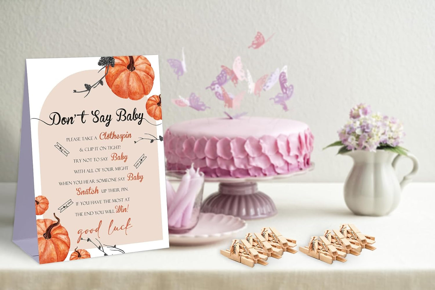 Don't Say Baby Baby Shower Game,Little Pumpkin Baby Shower Decorations,Rustic Baby Shower Decorations,Neutral Baby Shower Decorations,Baby Shower Game Ideas,1 Sign & 50 Mini Clothespins Set-B20